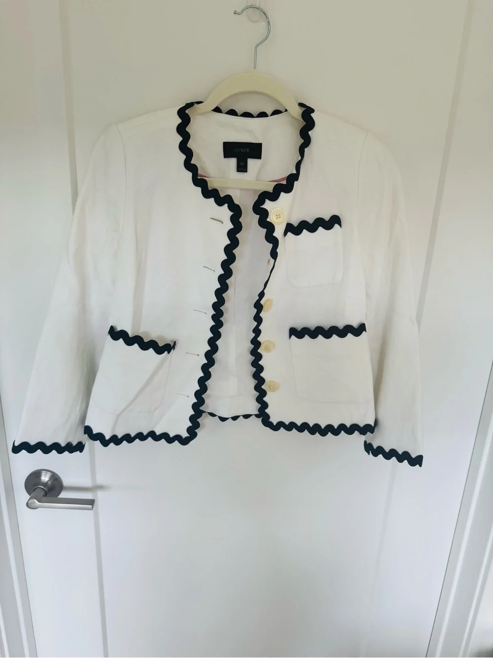 J. Crew White Lady Jacket with Navy Rickrack Trim 00 NWOT